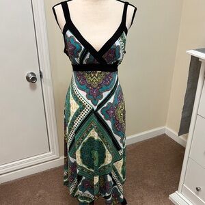 Dress Barn Black and Green Patterned Tie Waist Midi Dress size 12